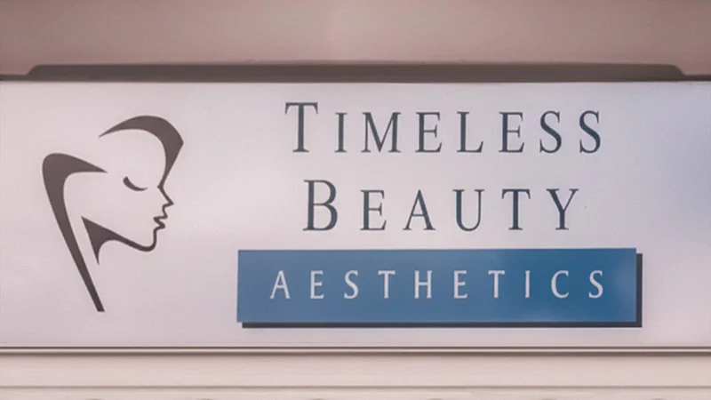 The signage displayed at the entrance of our Timeless Beauty Aesthetics office in Fort Lauderdale, a landmark for clients visiting our med spa.
