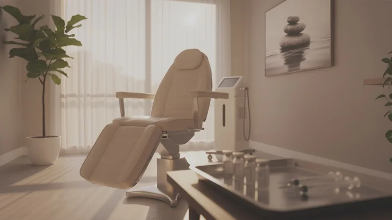 A clean and sterile med spa procedure room, featuring an advanced treatment chair, showcasing the professional and safe environment at Timeless Beauty Aesthetics.